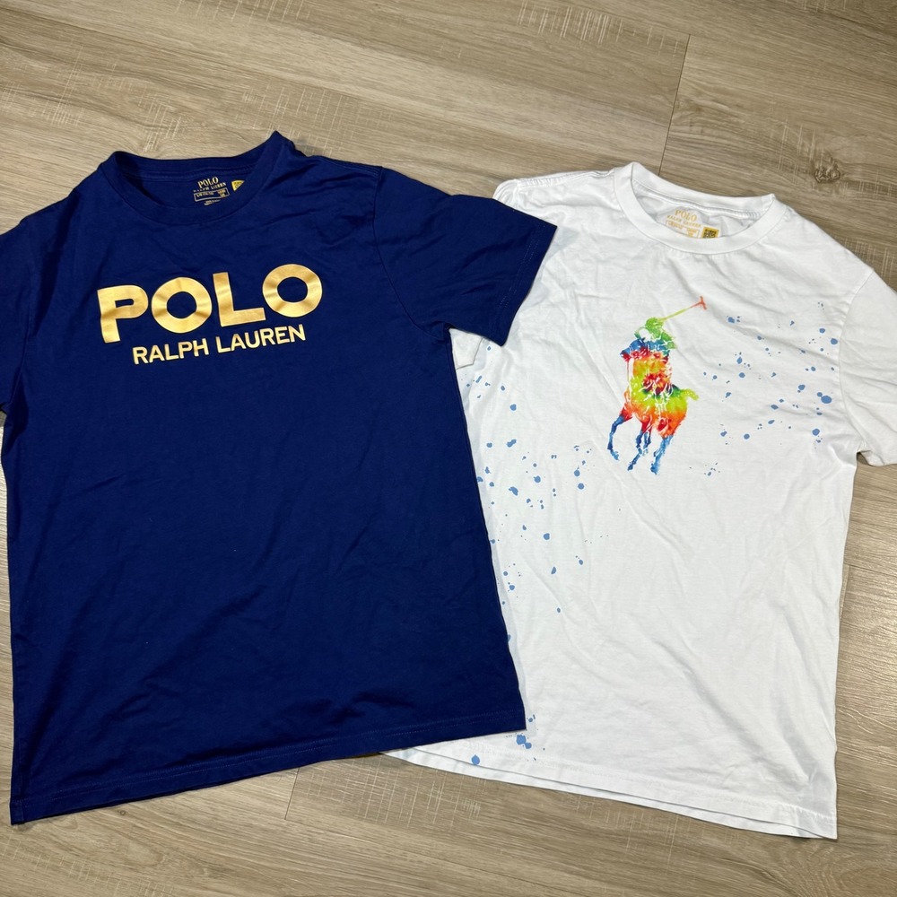 Lot of 2 Polo Ralph Lauren T-Shirts Blue Gold White Colorful Graphic Pony Kids L